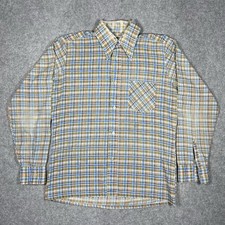 Vintage 70s Montgomery Ward Plaid Button Up Shirt Mens M Blue Orange Poly Cotton