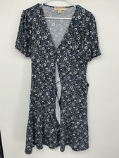 MICHAEL Michael Kors Womens Large Floral Wrap Dress Navy Blue Short Sleeve