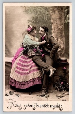 Vintage French Postcard: ''Nous Serons Bientôt Mariés'' Sepia Tinted Couple