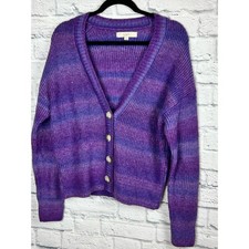 LOFT Women s Medium Purple Blue Marled Knit Button Cardigan Sweater Wool Blend