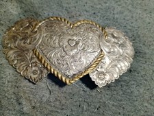 Crumrine Belt Buckle Hearts Flowers Silver Plate over Bronze Ornate Gold Trim