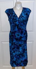 Chaps Dress Sleeveless Faux Wrap V Neck Ruched Stretch Floral Blue Black Sz M