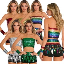 Womens Dancewear Party Outfit Shows Sets Elastic Sequin Nightclub Disco Jazz