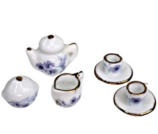 vintage dollhouse miniature porcelain 5-pc Tea Set teapot cups lilac purple 1:12