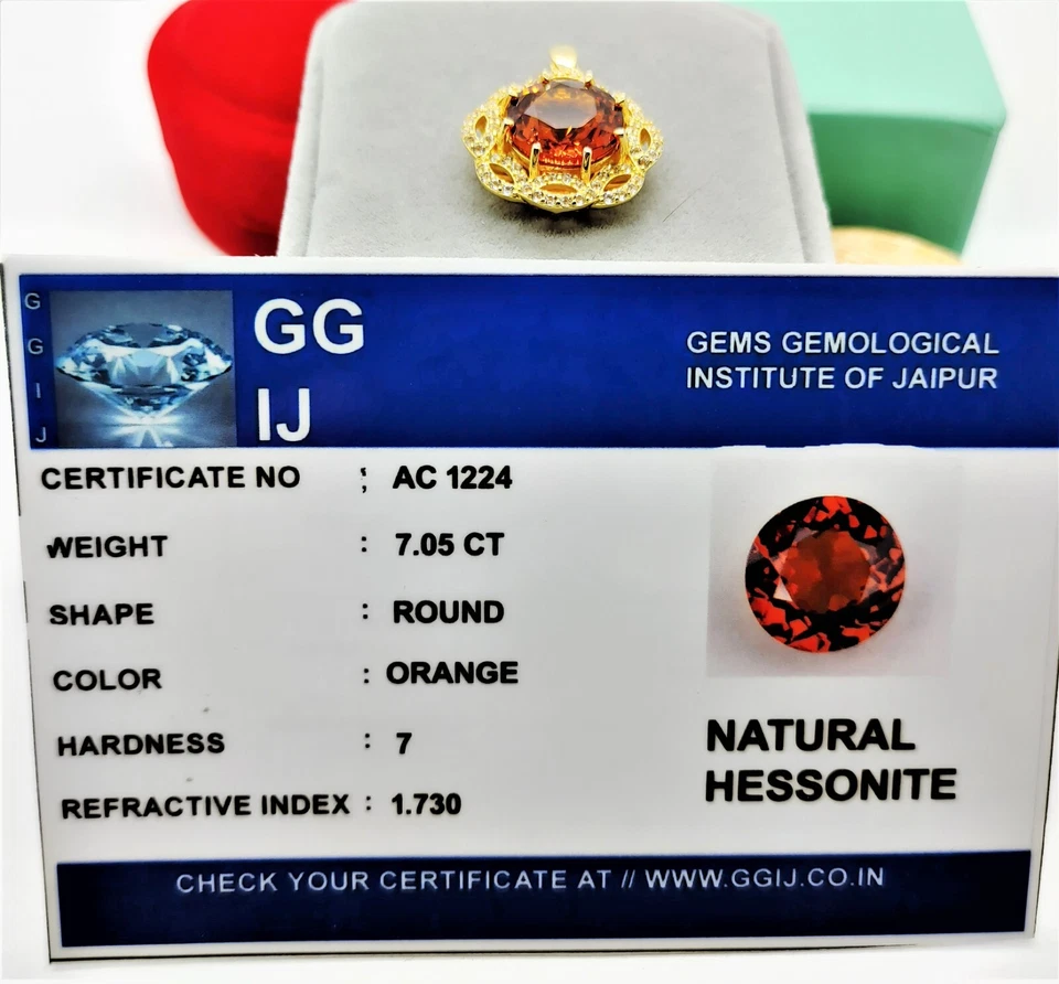 Granate de hessonita natural certificado 7,6 TCW enchapado en oro amarillo de 18 k de ley Foto 4 de 4