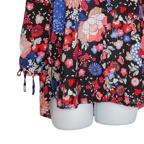 Rebecca Malone Top Womens S Black Multi Polyester 3/4 Ruched Sleeve Floral Work - Picture 7 of 13