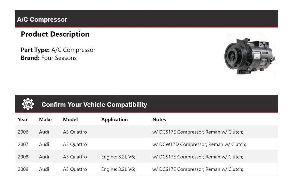 Compresor de aire acondicionado para Audi A3 Quattro 2006-2009 4 estaciones 2007 2008 Foto 2 de 4