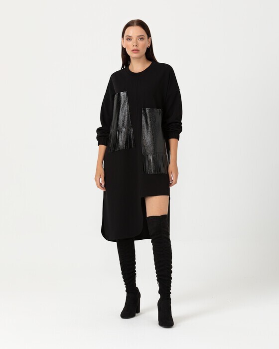 服/ファッション stella marina collezione italy STELLA MARINA COLLEZIONE Italy Black Faux Leather Fringe
