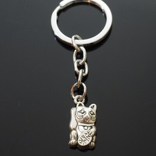 Lucky Cat Good Luck Japanese Chinese Silver Maneki-neko Keychain Gift Key Chain