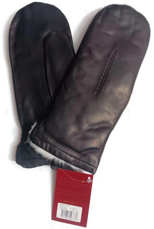 Ladies Cire White Rabbit Fur Lined Leather Finger Mittens, Black, Medium
