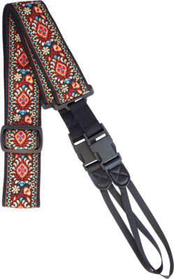 Wikinger BAUMWOLLE BANJO-BAND, rotes Blumenmuster, Lederschlaufen & Clip an beiden Enden