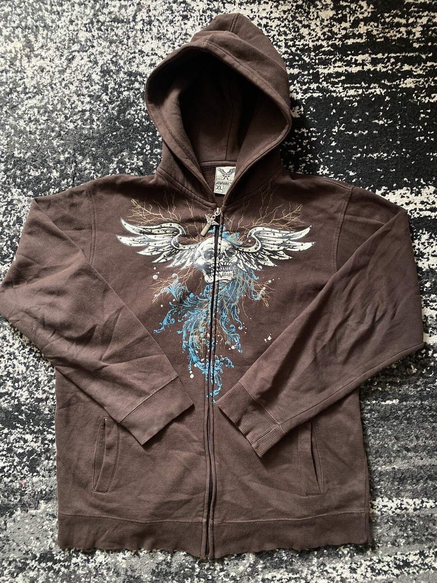 Vintage Avirex Hoodie Men's XL Brown Full Zip Skull Winged Vintage Avirex Hoodie Men's XL Brown Full Zip Skull Winged