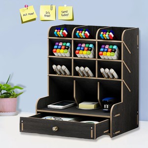 Black Wooden Office Pen Organizer Pencil Storage Holder Desk Tidy Case W Drawer Ebay