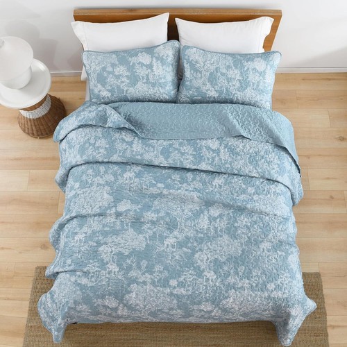 WONGS Queen 3-Pc Botanical Quilt Set-Toile Floral Microfiber Coverlet All Season - Picture 42 of 103