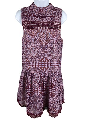Lulus Burgundy Lace Drop Waist Dress S High Neck Cocktail Party Boho  Romantic