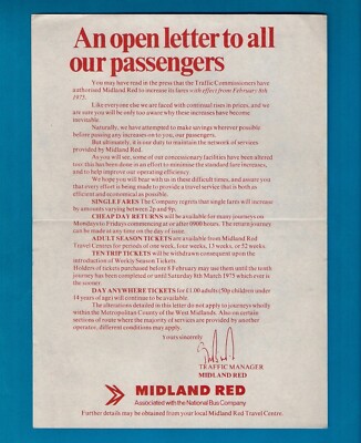 Roter Handzettel Midland - Offener Brief an Passagiere - Fahrpreiserhöhung: Februar 1975