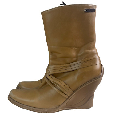 KICKERS STIEFEL 5 HELLBRAUN Leder Keilabsatz halbhohe Gummisohle Rautengewebe Reißverschluss