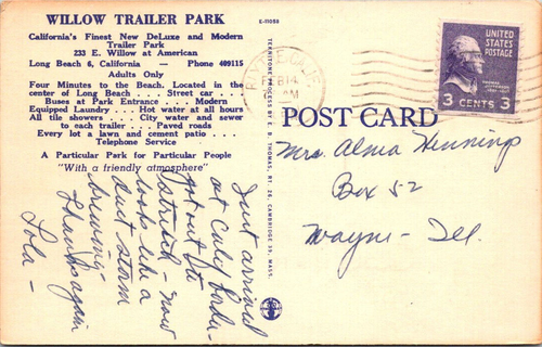 LONG BEACH, CALIFORNIA - WILLOW TRAILER PARK - VINTAGE LINEN POSTCARD - Picture 2 of 2