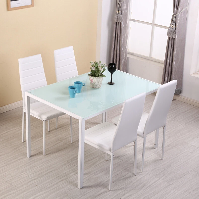 Dining Glass Table and 4 PU Chairs Set Kitchen Dinning Room Bistro