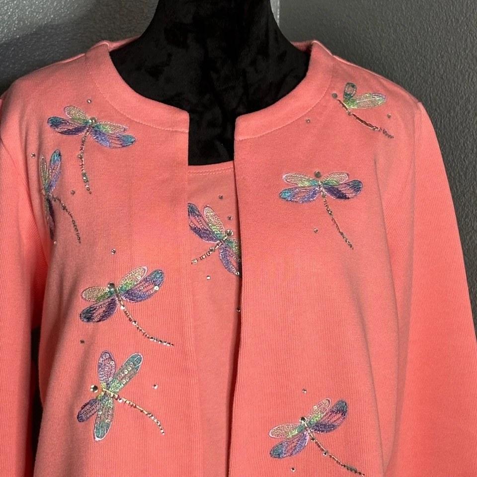 Quacker Factory Sweater Top Large Dragonfly Embellished Coral Pink 2-in-1 - Image 2 of 4