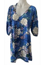 Johnny Was M Medium Dress Blue Dove A-Line Coverup Floral Rayon Silk Shift $278