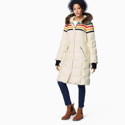 Pendleton Acadia Stripe Apres Ski Puffer 650 Fill Down Parka Fur Trim L NEW NWT