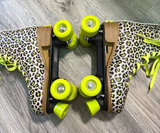 Leopard Print Quad Roller Skates with Neon Yellow Wheels Laces