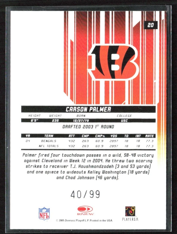 Carson Palmer 2005 Leaf Rookies & Stars Longevity True Blue /99 #20 Cincinnati - Image 2 of 3