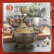 MIU Colander Set w/ Riveted Handles 3Pc Nests Stainless Steel Dishwasher Safe