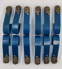 Vintage Blue Shower Curtain Hooks Faux Brass Rose Flower Rings Set of 12
