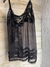 VTG Fredericks Of Hollywood Black Sheer Top Front Tie Blouse L