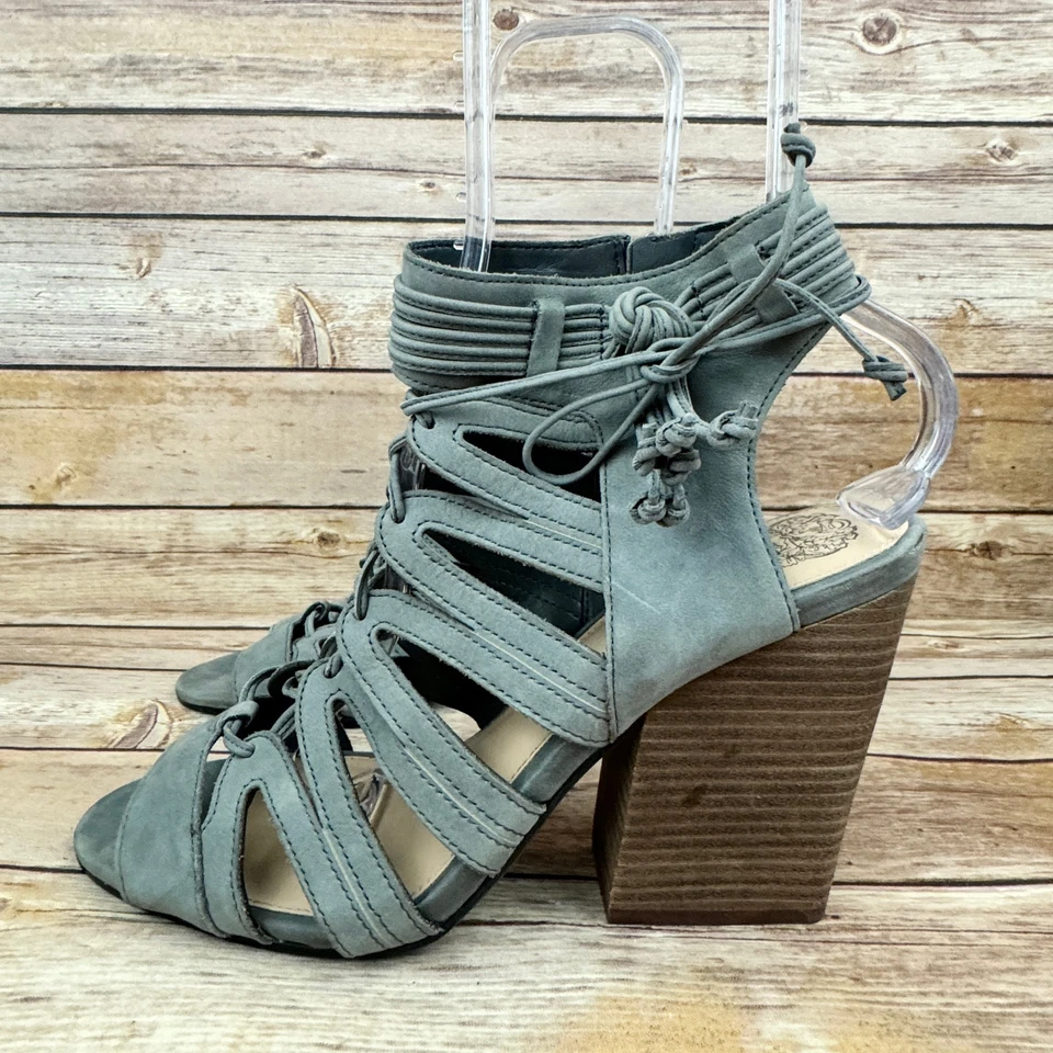 Vince Camuto Women's Gray Leather Lace Up Gladiator Block Heel Boho Sandals 10 - Image 3 of 4