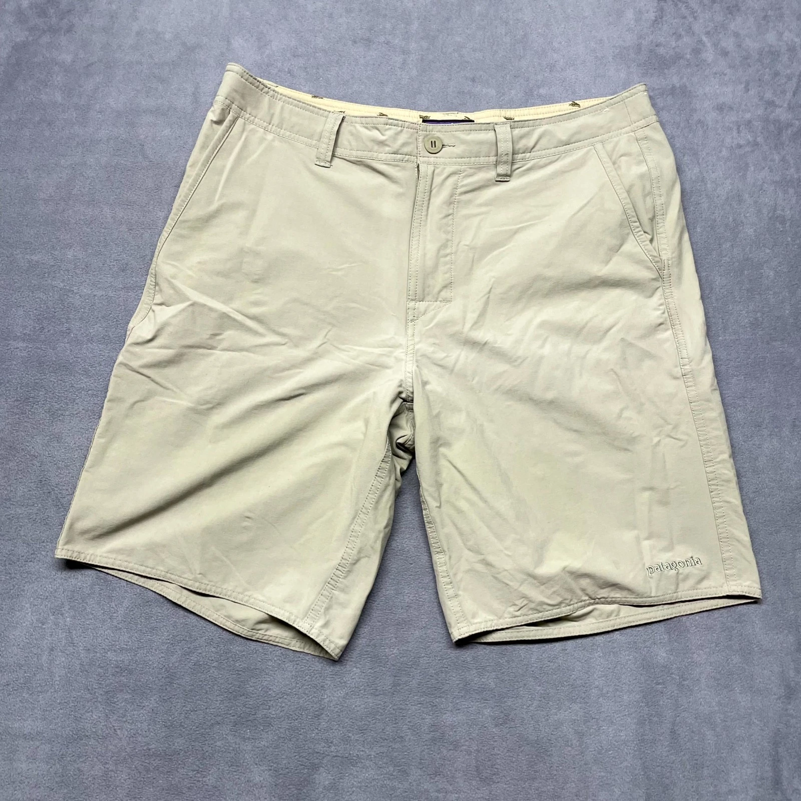 Patagonia Hybrid Chino Shorts Men's 35 Beige Nylon Stretch Mid-Rise Zip Fly