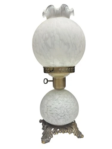 Vintage Milk Glass Hurricane Table Lamp Ruffled Shade Ornate Metal Base