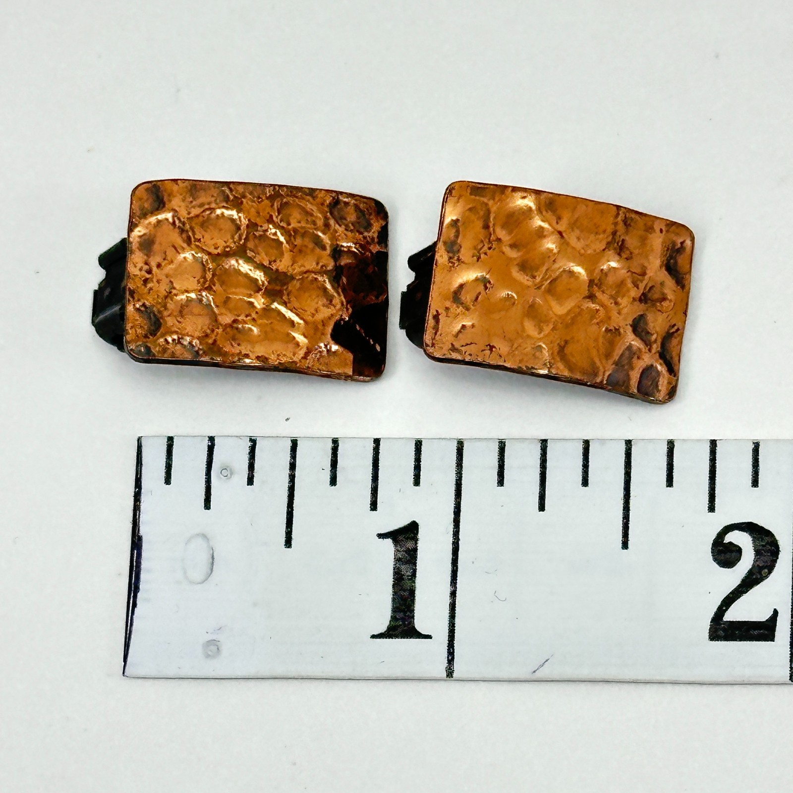 Clip On Earrings Rectangular Hammered Copper Tone… - image 7