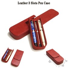 Leather 3 Slots Hard Fountain Pen Case Storage Box Removable Pen Tray Red