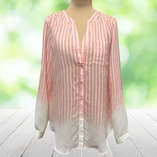 ZAC & RACHEL Tunic Womens L Dip Dyed Pink White Stripe Ombre Roll Tab Button Up