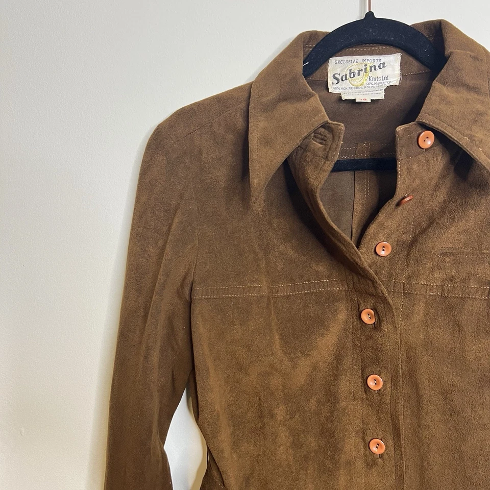 Camisa Blazer Vintage Años 70 Imitación Gamuza Abotonada Cuello Grande Marrón Cinturón 10 Foto 4 de 4