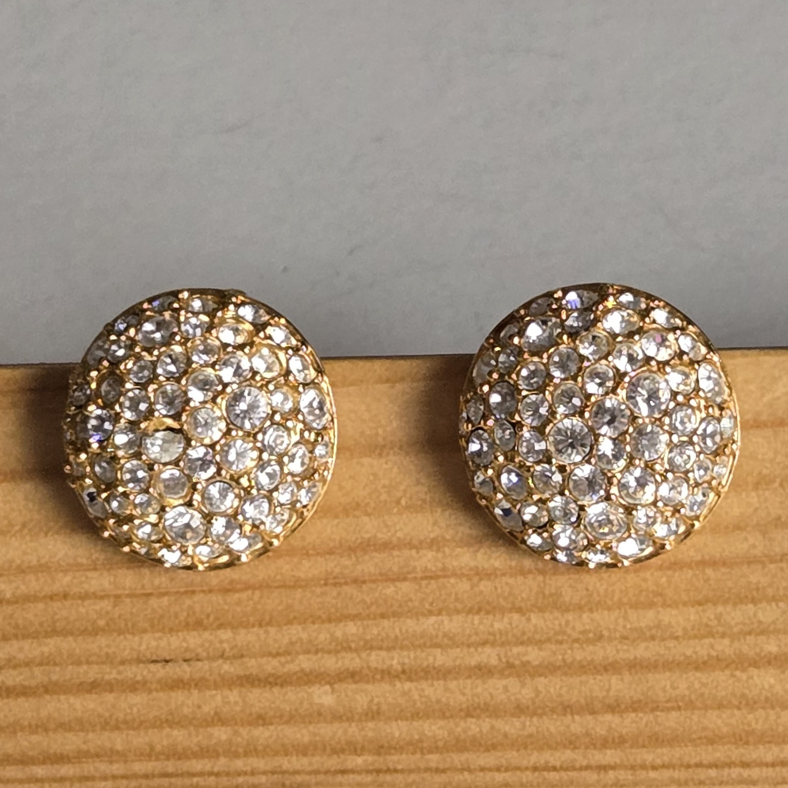 Vintage Swarovski Pave Crystal Round Dome Gold Tone Clip-On Earrings 80s Glam