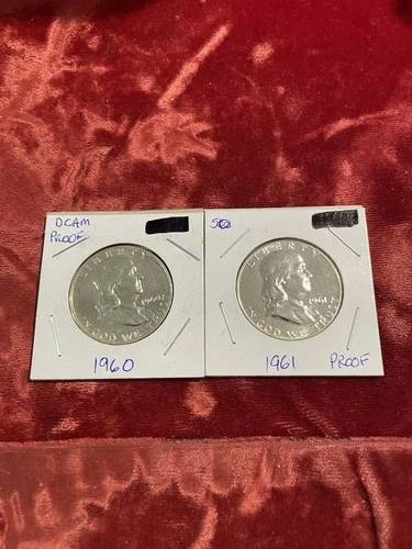 2 Coins 50c SILVER Franklin Half Dollars Proof 1960 & 1961 Beautiful Condition