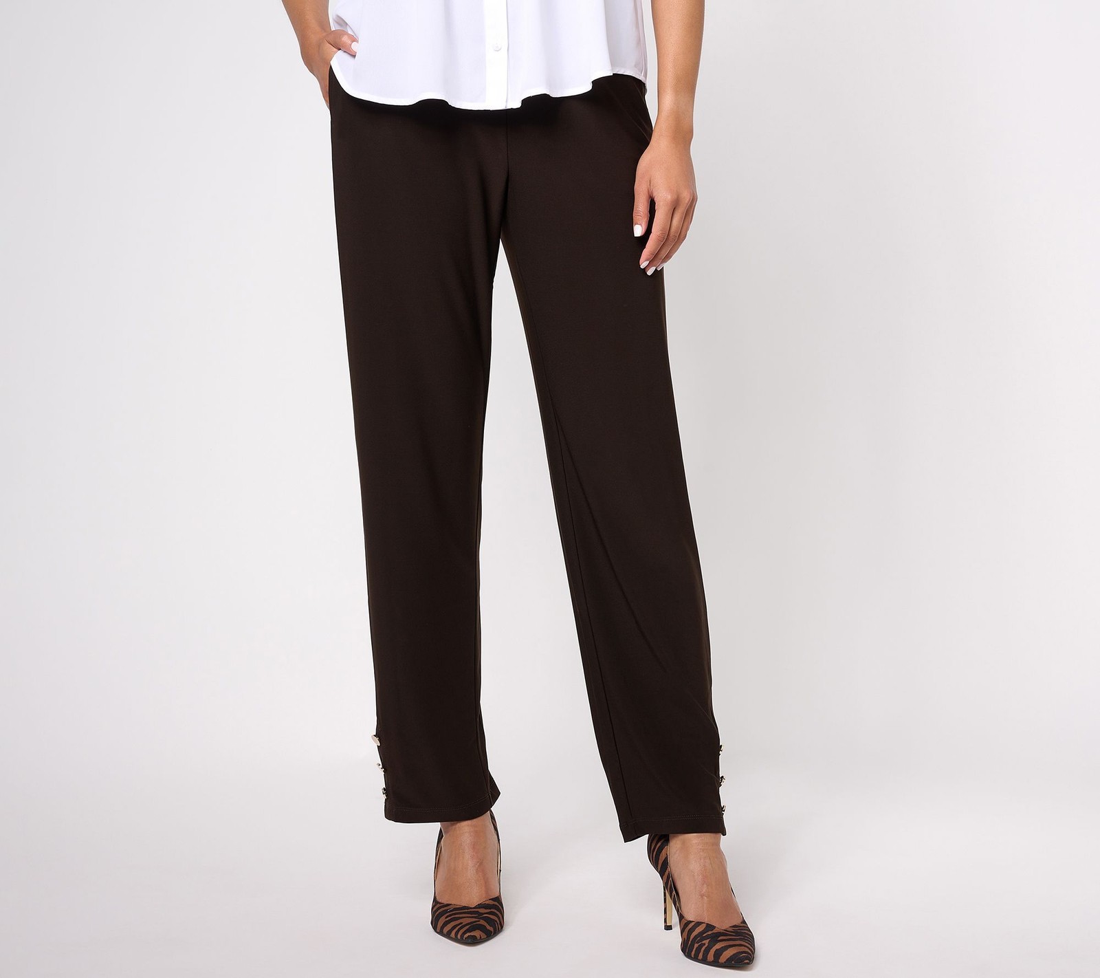 Dennis Basso Women's Petite Pants PL Italia Knit Straight Leg Brown A556108