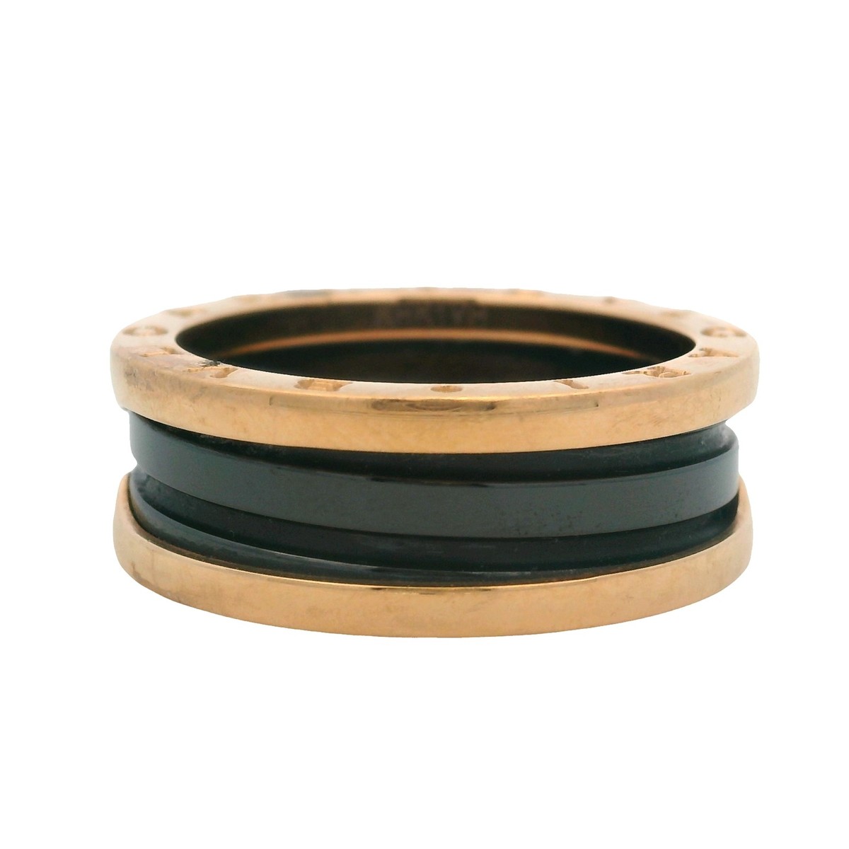 BVLGARI ゴールド ブラック ストライプ リング Bulgari 18kt Rose Gold and Black Ceramic B.zero1Two-Band Spiral