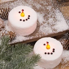 NEW PRIMITIVE SNOWMAN FACE TEALIGHT 2PCS 1.5"Hx3"D LED w/ Timer Winter Christmas