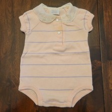 Vintage Baby Dior Pink Striped Polo Bodysuit Lace Collar Snap Front 3-6M