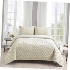 Distressed Velvet Quilt Set, 2 Pieces Distressed Velvet Face and Twin Beige