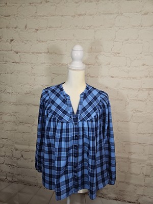 Draper James Blue Check Shirt Blouse Top Size Medium NEW FAST SHP