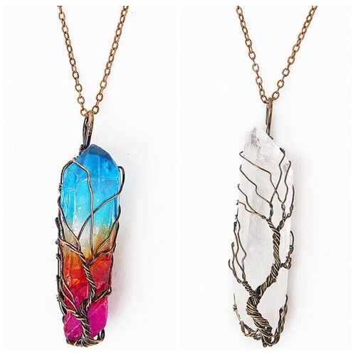 Rainbow Crystal Tree Of Life Chakra Pendant Silver Wire Wrap Gemstone Necklace - Picture 2 of 13