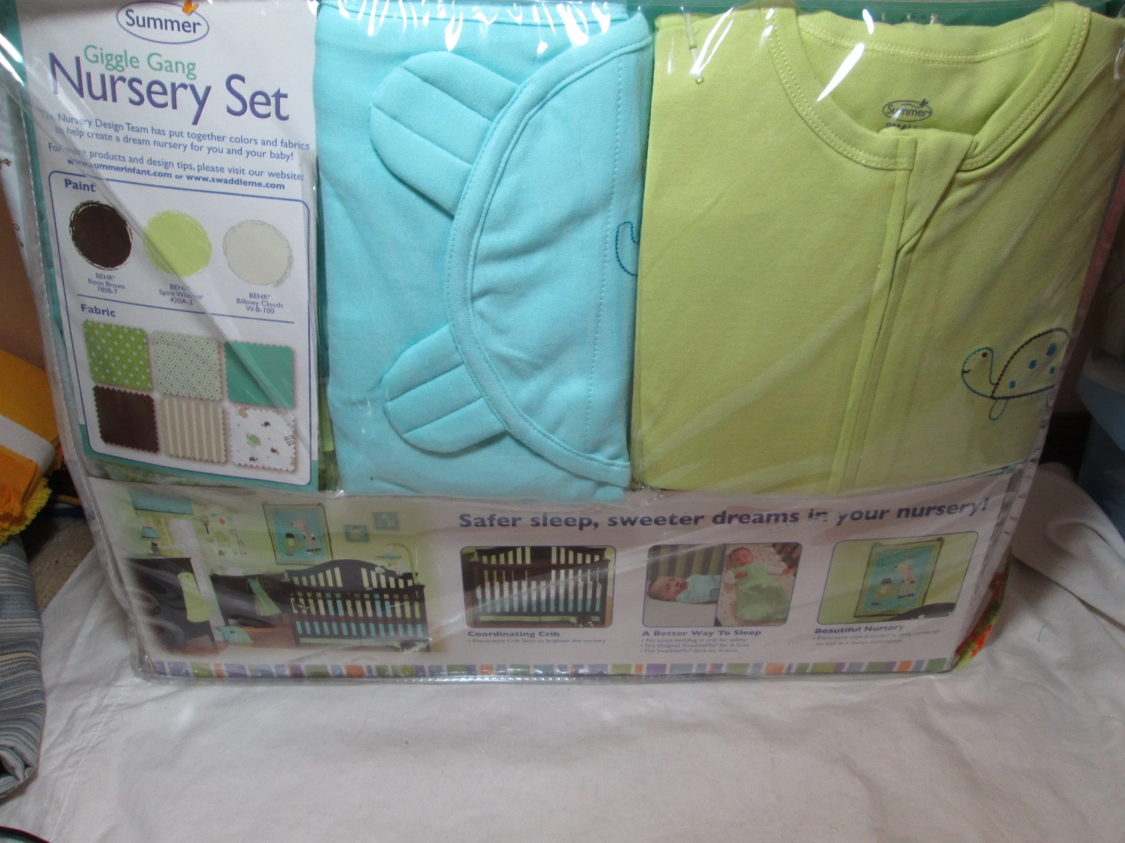 Summer GIGGLE GANG 8 pcs Nursery Set ~ Comforter, Sheets, Crib Skirt, SwaddleMe