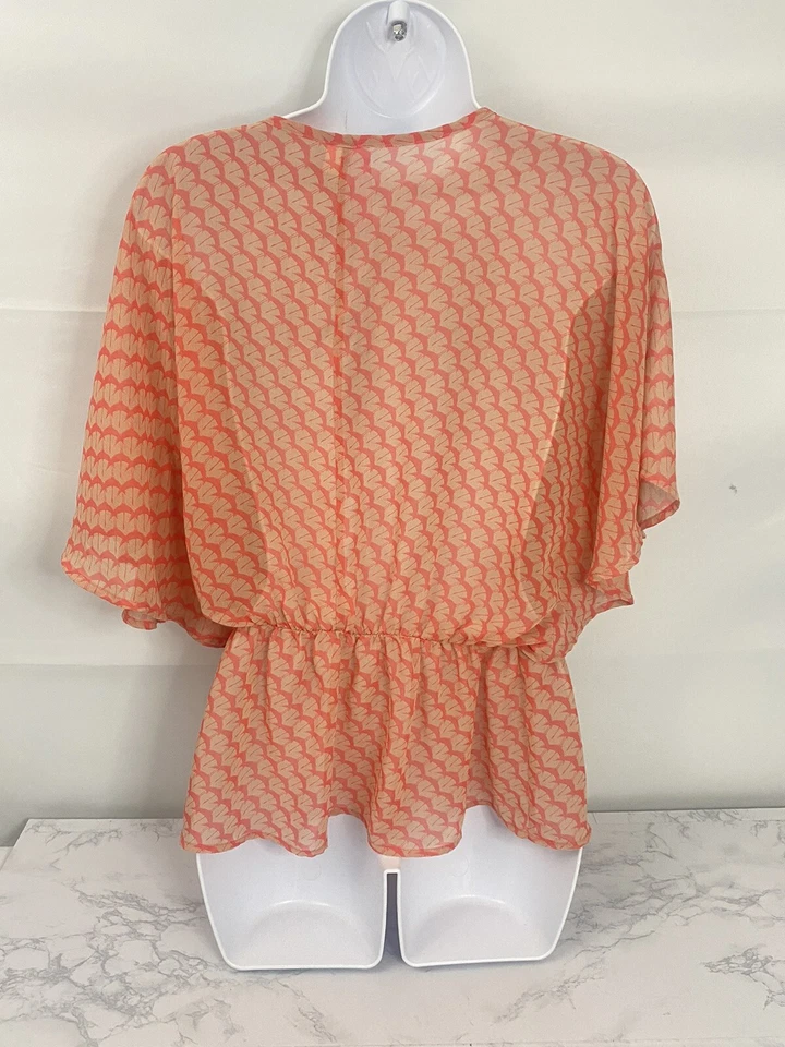 Alya Womens S Short Sleeve Top Orange Sheer Half Button Down Waist Tie Blouse A1 - Image 4 of 4