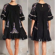 Free People Women's Black Embroidered Pavlo Ruffled Tiered Mini Dress XS